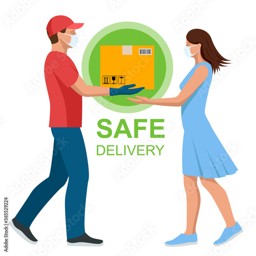 Safe food delivery during coronavirus epidemic. Delivery home and office. Delivery man or courier in a medical mask and gloves delivering to customer at home. Online purchases during a quarantine.