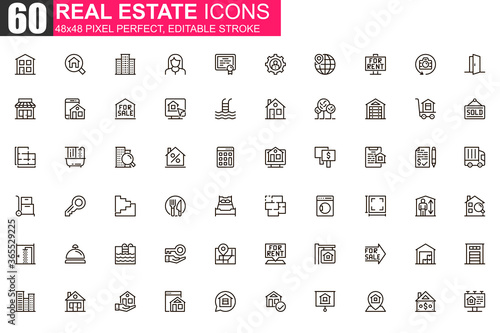 Real estate thin line icon set. Real estate agency outline pictograms for website and mobile app GUI. Building sale and rent simple UI, UX vector icons. 48x48 pixel perfect linear pictogram pack.