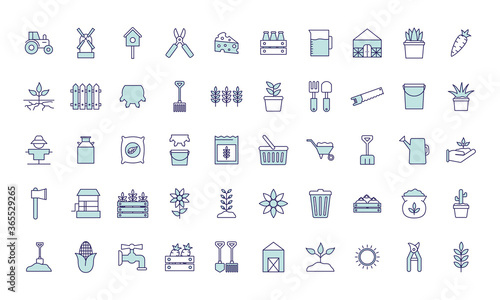 farm line and fill style icon set design, agronomy lifestyle agriculture harvest rural farming and country theme Vector illustration