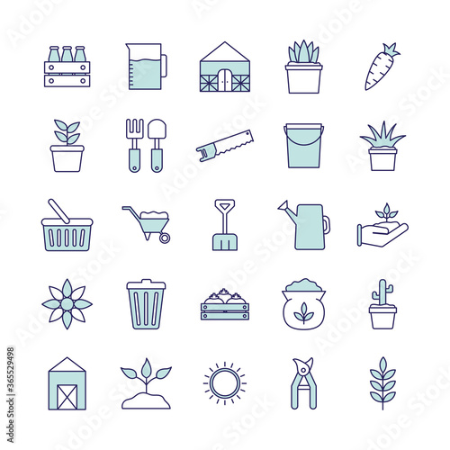 farm line and fill style icon set design, agronomy lifestyle agriculture harvest rural farming and country theme Vector illustration