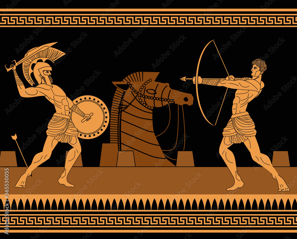Naklejka orange and black figures pottery amphora painting of troy war with achilles fighting