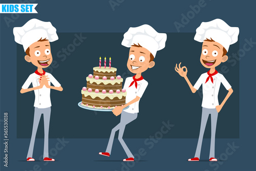 Cartoon flat funny little chef cook boy character in white uniform and baker hat. Kid carrying birthday cake and showing okay sign. Ready for animation. Isolated on blue background. Vector set.