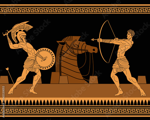 orange and black figures pottery amphora painting of troy war with achilles fighting
