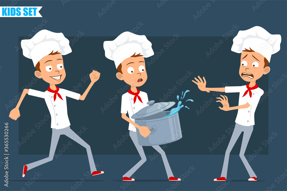 Cartoon flat funny little chef cook boy character in white uniform and baker hat. Kid running and carrying stew pot with hot water. Ready for animation. Isolated on blue background. Vector set.