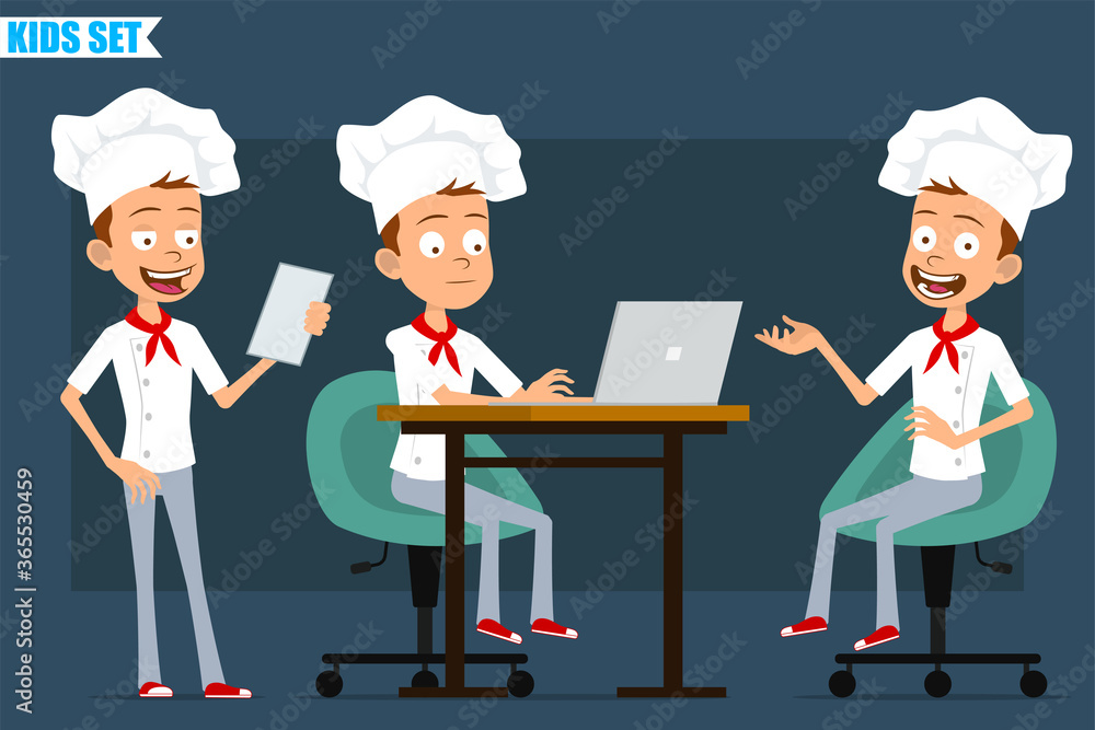 Cartoon flat funny little chef cook boy character in white uniform and baker hat. Kid working on laptop and reading menu note. Ready for animation. Isolated on blue background. Vector set. Cartoon flat funny little chef cook boy character in white uniform and baker hat. Kid working on laptop and reading menu note. Ready for animation. Isolated on blue background. Vector set.