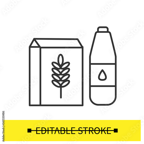 Floor and oil icon. Wheat all purpose baking floor and vegetable oil line pictograms. Concept of home baking, donuts and pastry ingredients. Editable stroke vector illustration for recipe and grocery