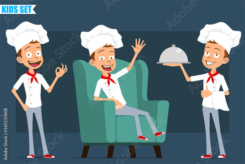 Cartoon flat funny little chef cook boy character in white uniform and baker hat. Kid resting, showing okay and holding tray. Ready for animation. Isolated on blue background. Vector set.