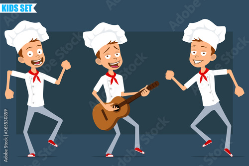 Cartoon flat funny little chef cook boy character in white uniform and baker hat. Kid jumping, dancing and playing rock on guitar. Ready for animation. Isolated on blue background. Vector set.