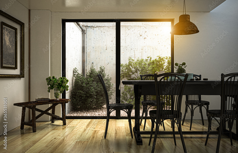 Fototapeta premium Esszimmer mit Gartenausblick