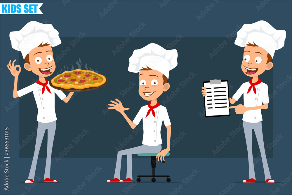 Cartoon flat little chef cook boy character in white uniform and baker hat. Kid resting, carrying italian pizza with salami and mushrooms. Ready for animation. Isolated on blue background. Vector set. Cartoon flat little chef cook boy character in white uniform and baker hat. Kid resting, carrying italian pizza with salami and mushrooms. Ready for animation. Isolated on blue background. Vector set.