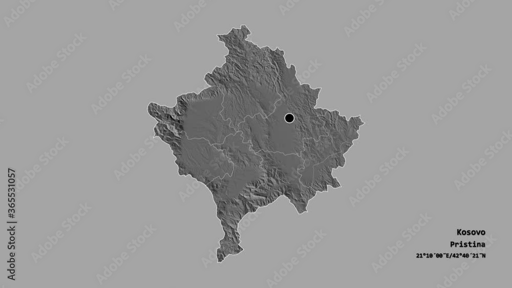 Kosovska Mitrovica, district of Kosovo, with its capital, localized, outlined and zoomed with informative overlays on a bilevel map in the Stereographic projection. Animation 3D