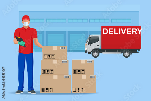Safe food delivery during coronavirus epidemic. Delivery home and office. Delivery man or courier in a medical mask and gloves delivering to customer at home. Online purchases during a quarantine.