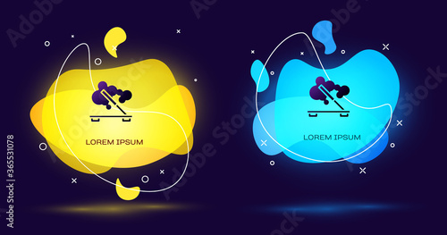 Black Scented spa stick on a wooden stand icon isolated on black background. Incense stick. Cosmetic procedure aromatherapy. Abstract banner with liquid shapes. Vector.