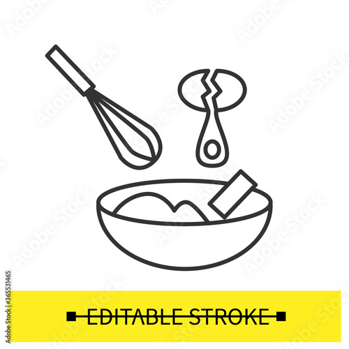 Dough mix icon. Whisking egg and butter with donuts dry ingredient linear pictogram. Concept of home pastry or cream recipe and baking instructions for sponge cake. Editable stroke vector illustration