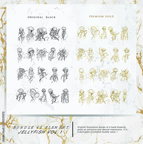40 bundle jellyfish hand drawing premium design with original black and premium gold