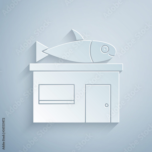 Paper cut Seafood store icon isolated on grey background. Facade of seafood market. Paper art style. Vector..