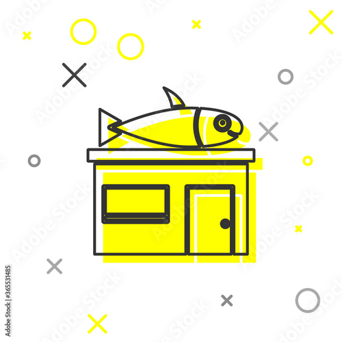 Grey line Seafood store icon isolated on white background. Facade of seafood market. Vector..
