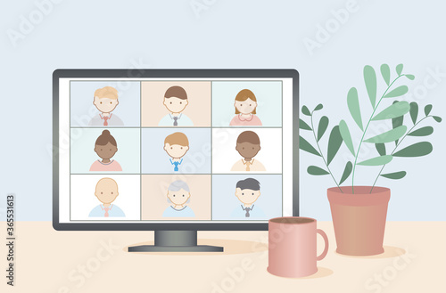 Working from home vector. Business people remote work illustration. Online video conference concept.