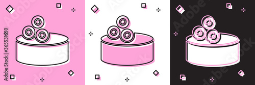 Set Tin can with caviar icon isolated on pink and white, black background. Vector..
