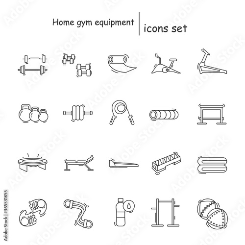 Home gym equipment icons set. Sport and fitness tools linear pictograms. Concept of personal fitness training studio equipment, workout and sport activity. Editable stroke vector illustrations