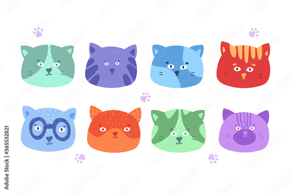 Collection of faces of different cute cats. Cartoon style Hand drawing. Vector illustration on a white background. Collection of faces of different cute cats. Cartoon style Hand drawing. Vector illustration on a white background.