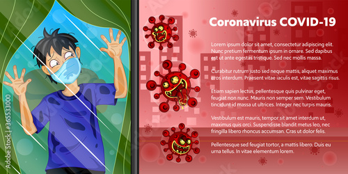 Vector COVID-19 virus epidemic protective and self quarantine infographic. A man wearing a medical mask to prevent virus and self isolation in his home area for infection risk and disease prevention.