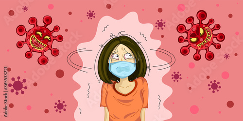 Vector COVID-19 virus microbiology concept infographic. A woman wearing a surgical mask to prevent virus disease spread. Is in anxiety panic and fear because of the coronavirus world outbreak.