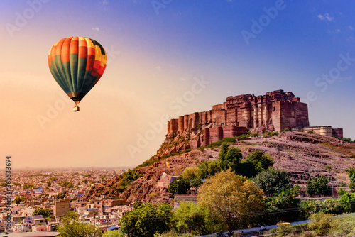 Mehrangarh Fort during sunrise at Jodhpur, Rajasthan with view of cityscape. Mehrangarh Fort is a UNESCO World Heritage site.
