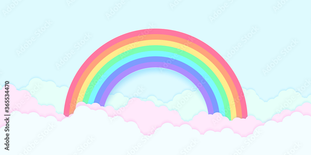 Blue sky with rainbow and colorful cloud, paper art style
