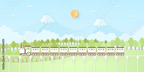 Nature hill, mountain, trees with sun and blue sky, Transportation, Train, paper art style