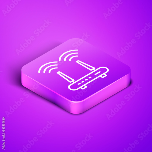 Isometric line Router and wi-fi signal icon isolated on purple background. Wireless ethernet modem router. Computer technology internet. Purple square button. Vector.