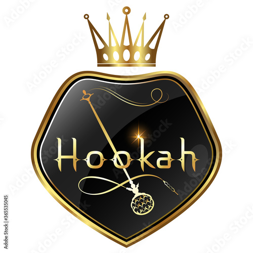 Golden hookah with smoke pattern and crown on shield design