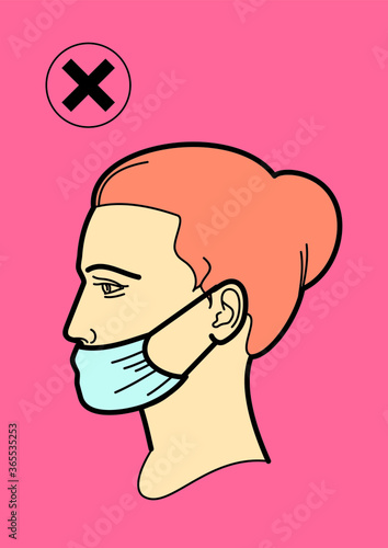 The head of a woman in a medical mask. Improper wearing of a medical mask during a viral epidemic or pandemic.