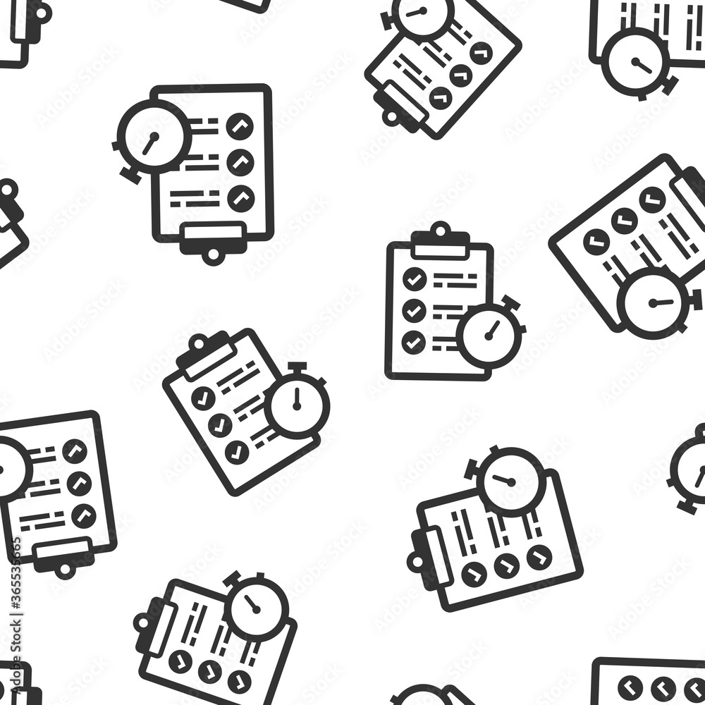 Document witch clock icon in flat style. Checklist survey vector illustration on white isolated background. Fast service seamless pattern business concept. Document witch clock icon in flat style. Checklist survey vector illustration on white isolated background. Fast service seamless pattern business concept.