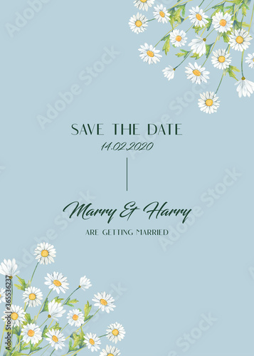 Water color white Daisy flower on corner wedding card. 