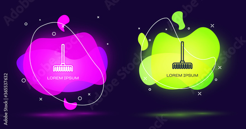 Line Garden rake icon isolated on black background. Tool for horticulture, agriculture, farming. Ground cultivator. Abstract banner with liquid shapes. Vector.