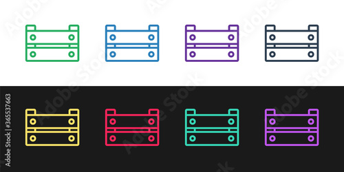 Set line Wooden box icon isolated on black and white background. Grocery basket, storehouse crate. Empty wooden container for vegetables, products. Vector.