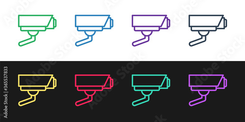 Set line Security camera icon isolated on black and white background. Vector.