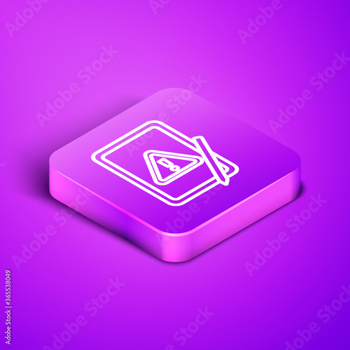 Isometric line Graphic tablet with exclamation mark icon isolated on purple background. Alert message smartphone notification. Purple square button. Vector.
