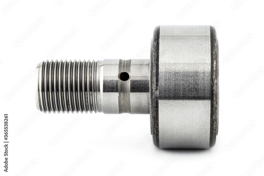 Needle roller bearing, cam follower with visible thread, isolated on a white background, macro shot, profile view. Needle roller bearing, cam follower with visible thread, isolated on a white background, macro shot, profile view.