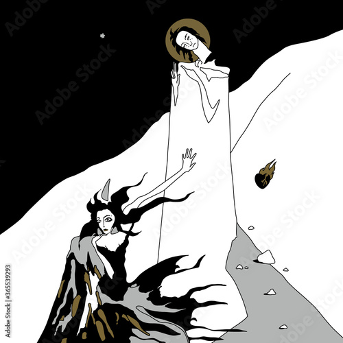 Salome and John the Baptist. Female and male archetypes. Two fantastic characters. Beheaded saint man and sexy passionate woman. Original style graphic art.