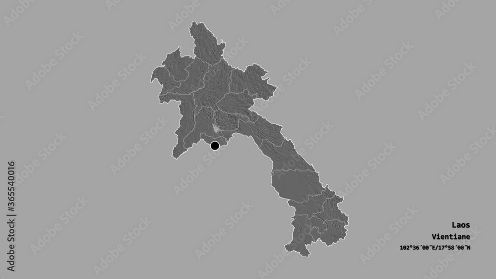 Champasak, province of Laos, with its capital, localized, outlined and zoomed with informative overlays on a bilevel map in the Stereographic projection. Animation 3D Champasak, province of Laos, with its capital, localized, outlined and zoomed with informative overlays on a bilevel map in the Stereographic projection. Animation 3D
