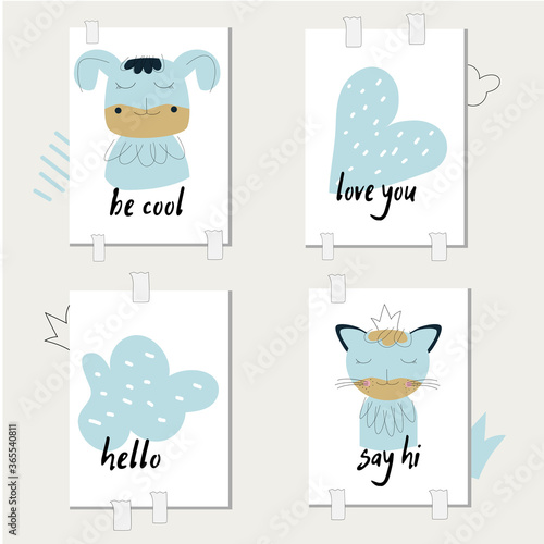 Vector collection of posters of cute characters, animal faces, symbols and motivating, greeting inscriptions.