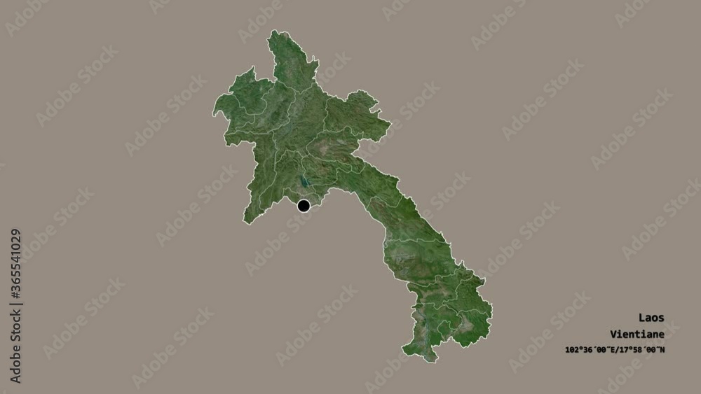 Khammouan, province of Laos, with its capital, localized, outlined and zoomed with informative overlays on a satellite map in the Stereographic projection. Animation 3D Khammouan, province of Laos, with its capital, localized, outlined and zoomed with informative overlays on a satellite map in the Stereographic projection. Animation 3D