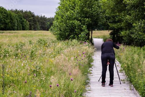 Woman photographer in black clothes taking photograph of nature pathway trail in Polesie National Park. Back view. Lubelszczyzna, Poland, Europe. photo
