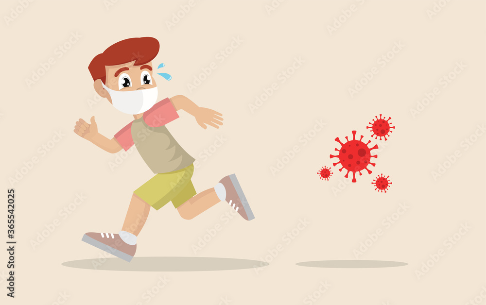Running boy in panic is running away from the virus. Coronavirus crisis, covid-19. Running boy in panic is running away from the virus. Coronavirus crisis, covid-19.