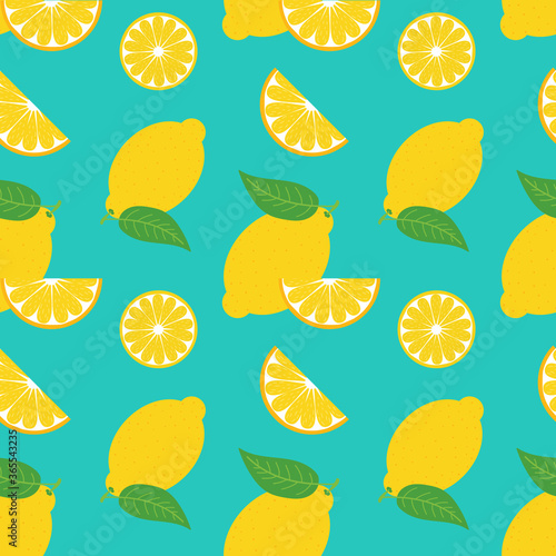 Vector bright seamless pattern background with lemons and leaves for fresh summer drinks, lemonade design.
