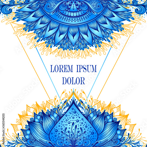 Template of deign  of Abstract decorative element in Boho Eastern  Ethnic style  or  Mandala  in blue for advertising  cosmetic or perfume or  hygiene products or tea