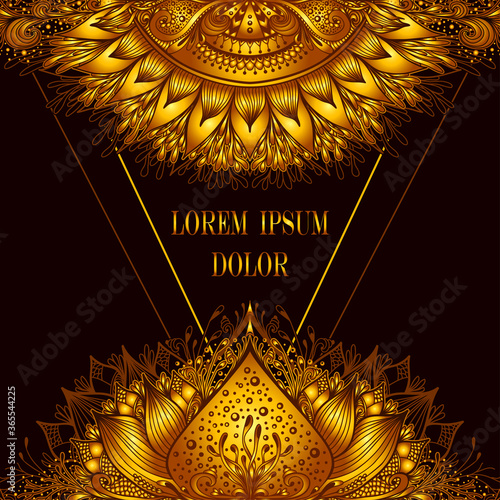 Template of deign  of Abstract decorative element in Boho Eastern  Ethnic style  or  Mandala  in gold for advertising  cosmetic or perfume or  hygiene products or tea