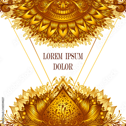 Template of deign  of Abstract decorative element in Boho Eastern  Ethnic style  or  Mandala  in gold for advertising  cosmetic or perfume or  hygiene products or tea
